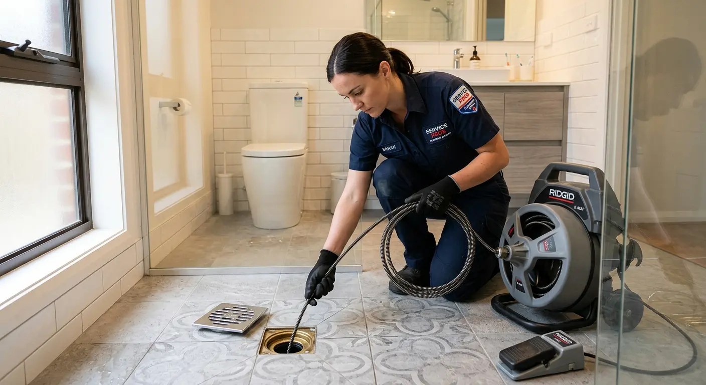 Technician clearing a bathroom floor drain for Drain Repair in Paris